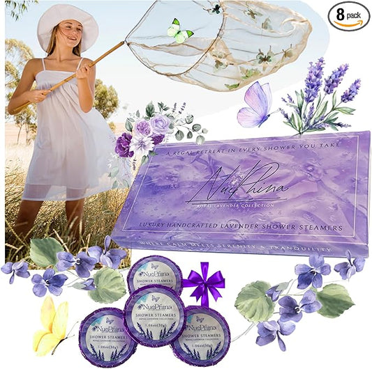 8 Lavender Shower Steamers, Natural Ingredients with Pure Essential Oils & Real Flowers. An Affordable Luxury Self-Care Gift for Men & Women, Create a Calm & Stress Relieving Spa-Like Therapy at Home.