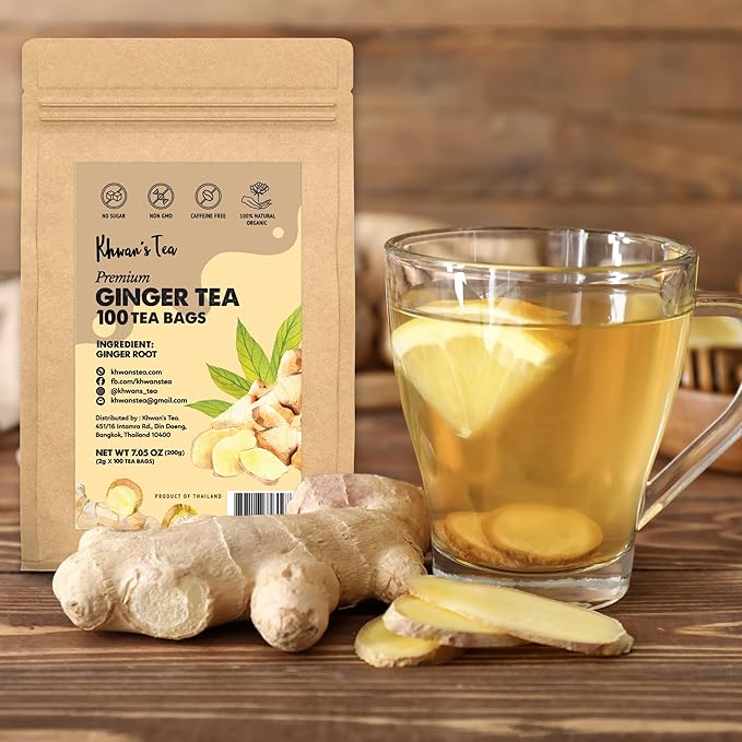 KHWAN’S TEA Ginger Tea Bags - Ginger Root Powder For Herbal Tea Bags, Caffeine Free Tea Bags, Supports Digestion, Soothing & Spicy (2g/Bag)