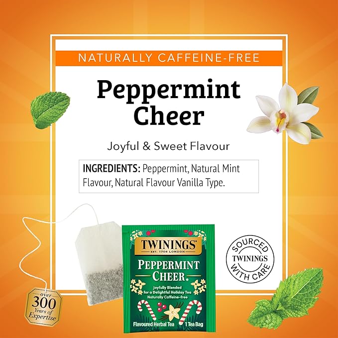 Twinings Peppermint Cheer Herbal Tea Individually Wrapped Bags, 20 Count (Pack of 6), Naturally Caffeine-Free, Peppermint & Vanilla, Enjoy Hot or Iced