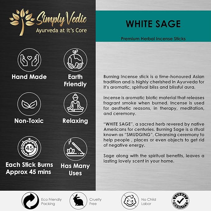 Simply Vedic White Sage Incense Sticks 250g (135 Sticks + Holder), Natural, Long Lasting, Aromatherapy, Meditation, Yoga, Spiritual Healing