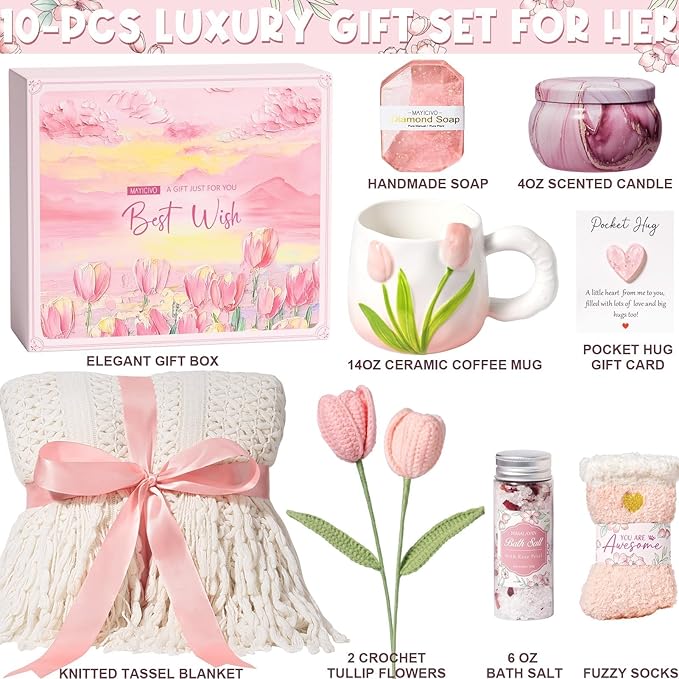 Birthday Gifts for Women Self Care Set Get Well Soon Gift Baskets, Relaxing Bluebell Spa Gift Basket Care Package for Women, Unique Christmas Mom Gifts for Her Girlfriend Sister Friend Wife Grandma