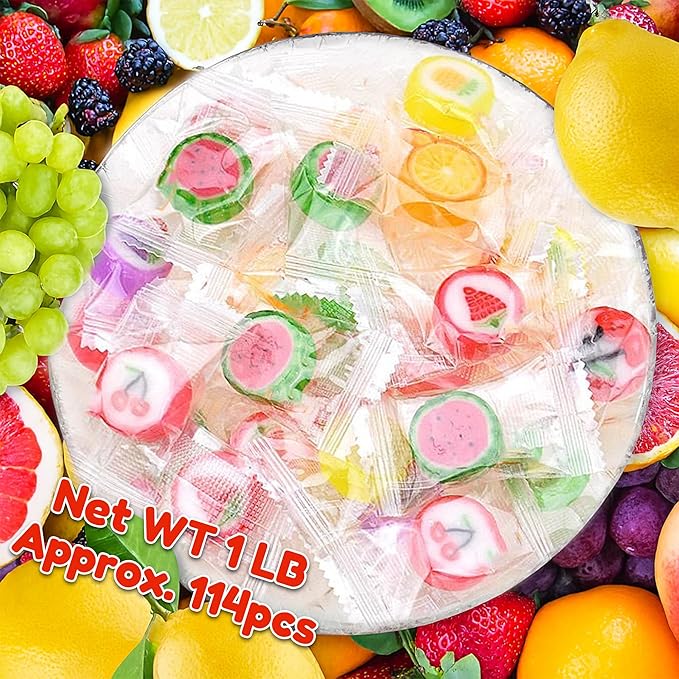 Fruit Slices Candy - Hard Candy Bulk 1 lb Bag of Individually Wrapped Small Candy Fruit Slices (approx. 118 pcs) Hard Candies Assortment - Great for Candy Buffet - Office Candy - Treat Bags
