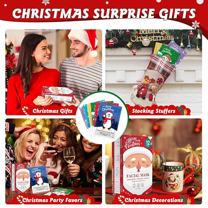 12 Pack Christmas Stocking Stuffers Facial Masks, Sheet Face Masks Skincare, Hydrating Facial Masks Set for Women Skin Care, Bulk Christmas Gifts for Women