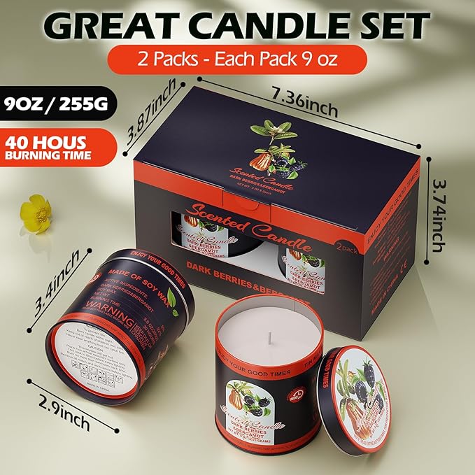 Premium Dark Berries & Bergamot Soy Wax Scented Candle Set - 9oz x 2 Pack, 80-Hour Burn Time, 8% Essential Oils for Aromatherapy Tin Jar Candle, Smoke-Free Relaxation,Yoga & Spa Gifts for Women/Men