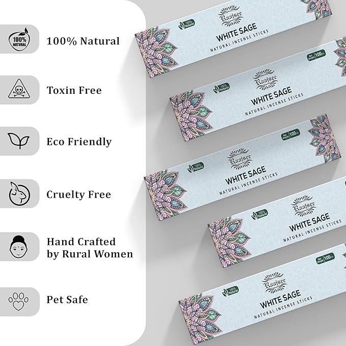 Raajsee White Sage Incense Sticks (180 gm), 100% Pure Organic Natural Hand Rolled Free from Chemicals - Perfect for Aromatherapy, Cleansing, Meditation, and Church (Pack of 12)