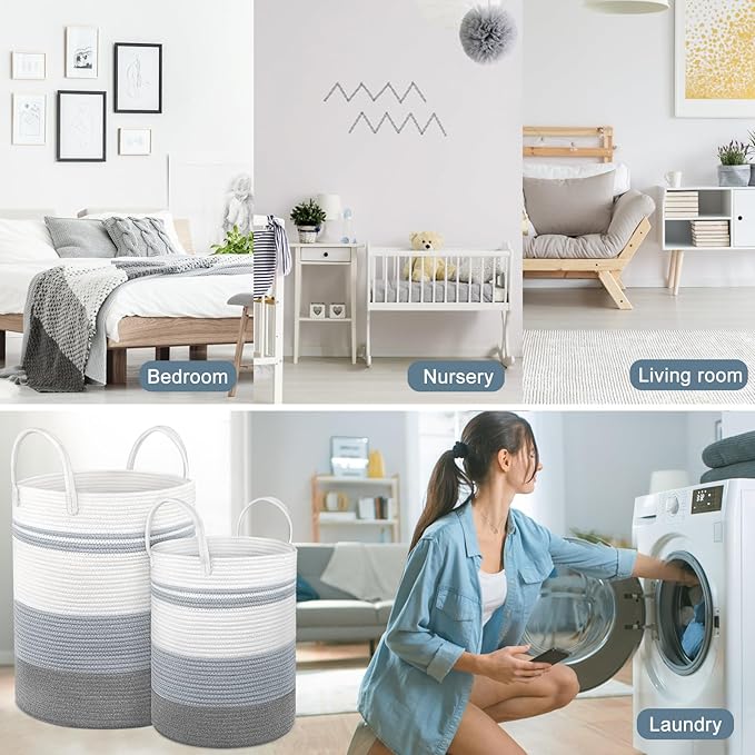 2 Pack Large Tall Rope Laundry Baskets, Cotton Laundry Hamper, Dirty Clothes Hampers Woven Basket, Blanket Basket Storage for Living Room, Dirty Clothes Baskets for Bedroom, Baby Room, 58L&28L Grey