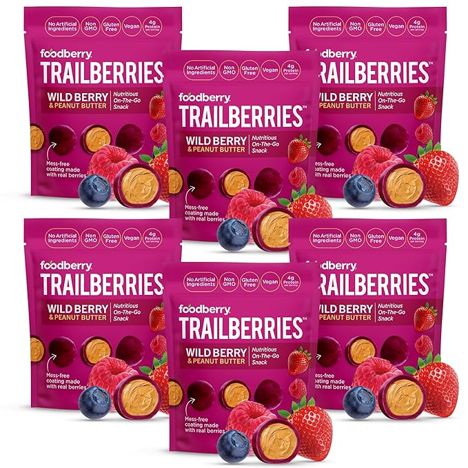 Foodberry Peanut Butter Trailberries, Nutritious Snack, Delicious Bites of Creamy Peanut Butter Coated in Real Fruit (Like Softer Fruit Leather), 4g Protein, 4g Fiber, Pack of 6