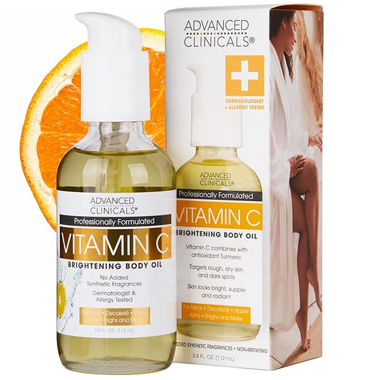 Advanced Clinicals Brightening Vitamin C Body Oil For Women & Men | Vitamin C Glow Oil Skin Care Body Moisturizer With Vitamin E + Botanicals To Help Improve Look Of Dark Spots + Dry Skin, 3.8 Fl Oz