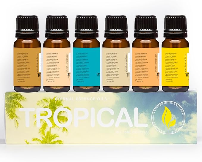 Eternal Essence Oils Tropical Set of 6 Premium Fragrance Oils - Includes Coconut Cream, Bay Rum, Pina Colada, Tahitian Vanilla, Ocean Breeze, and Pineapple Scented Oils - 10ML