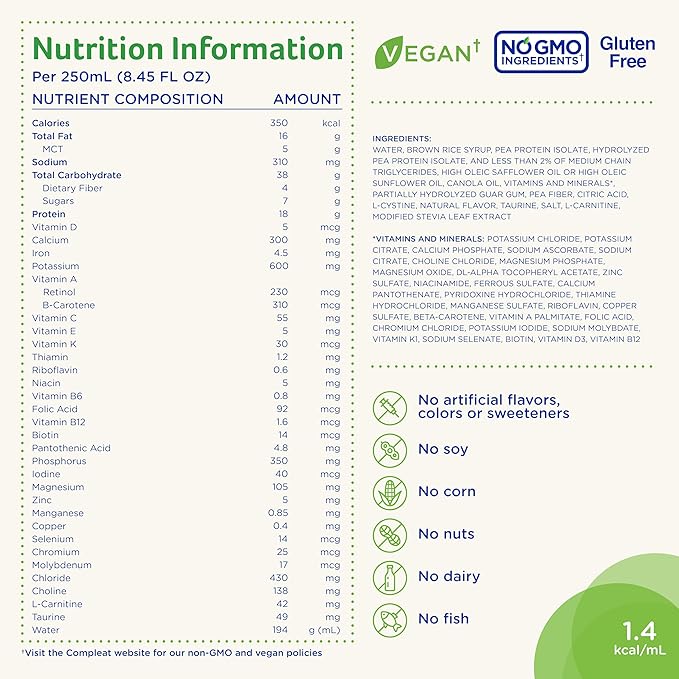 Compleat Standard 1.4 Plant-Based Vanilla Nutrition Shake - 18g Protein, 29 Vitamins & Minerals - Vegan Tube Feeding Formula - 8.45 Fl Oz (Pack of 12)