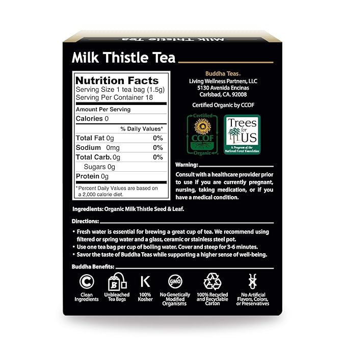 Buddha Teas - Organic Milk Thistle Tea - Herbal Tea - Promote Cleansing & Wellness - With Antioxidants & Minerals - Clean Ingredients - Caffeine Free - OU Kosher - 18 Tea Bags (Pack of 1)