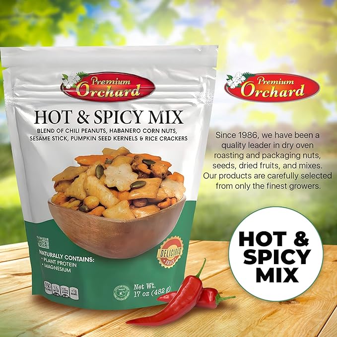 MIXED NUTS Hot & Spicy Mix - Chili Peanuts Habanero Corn Nuts Sesame Sticks Pumpkin Seed Kernels and Rice Crackers Gluten Free Snacks Non GMO Healthy Snacks Nuts - 17 oz