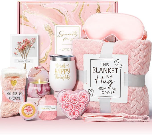 Birthday Gifts for Women Self Care Gifts Get Well Soon Gifts, Rose Relaxing Spa Gifts Basket Care Package w/ Luxury Flannel Blanket, Unique Christmas Gifts for Mom Her Friend Sister Wife Grandma