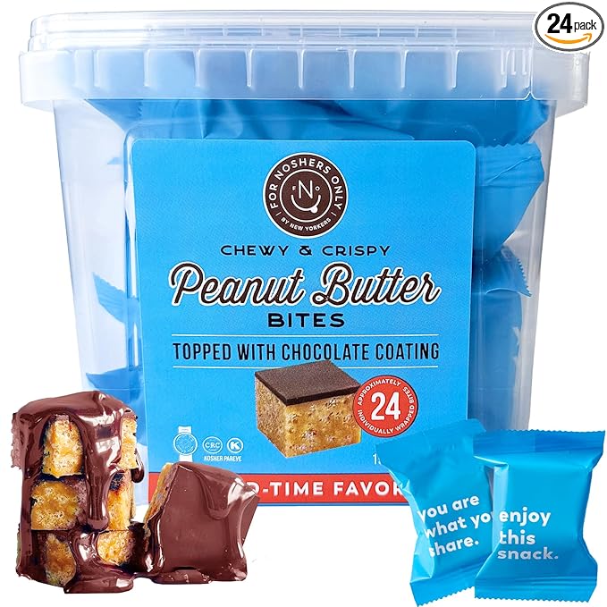 For Noshers Only - Peanut Butter Bites - Kosher Dairy Free Vegan Gluten Free Chocolate Peanut Butter Crispy Rice Treats - Sweet Snack Packs - Bulk Individually Wrapped Snacks for Office (Box of 24)