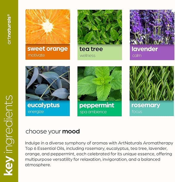 ArtNaturals Aromatherapy Top-6 Essential Oil Set - (6 x 10ml Bottles) - 100% Pure of The Highest Therapeutic Grade - Premium Gift Set – Lavender, Peppermint, Tea Tree, Eucalyptus