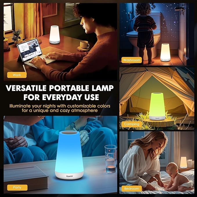 Auxmir Night Light, Dimmable Touch Lamp for Bedroom, Portable Rechargeable Bedside Table Lamp for Baby Nursery, 13 RGB Colors & 5 Brightness, Night Lights for Bedroom Living Room Bathroom Hallways