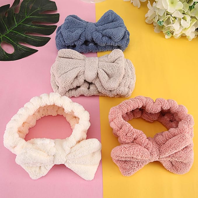 4 Pack Makeup Spa Headband Microfiber Bow Towel Soft Fluffy Washing Face Headband for Women Girls Shower Bath Skincare (White, Blue, Pink, Brown)