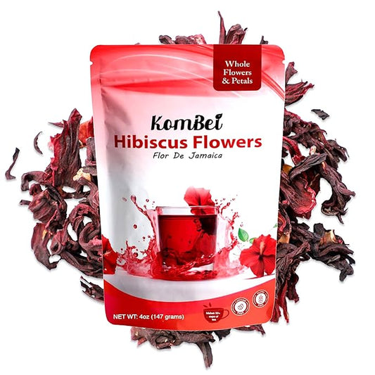 KomBei Loose Leaf Premium Hibiscus Tea, Flor de Jamaica (4oz) | Whole Flowers and Petals | Twice-Sifted | Herbal Tea | Caffeine-Free | Makes 50+ cups