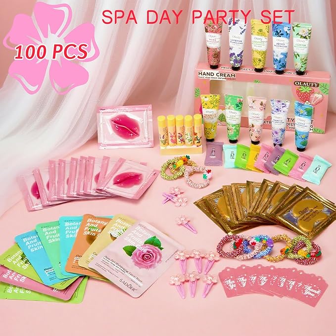 100PCS Spa Party Supplies for Girls,Bachelorette Spa Party Favors Gifts for Teen Girls, Face Masks Skincare,Hand Cream,Lip Balm,Eye Patches,Lip Mask and Hair Band,Spa Birthday Sleepover Party Supplies