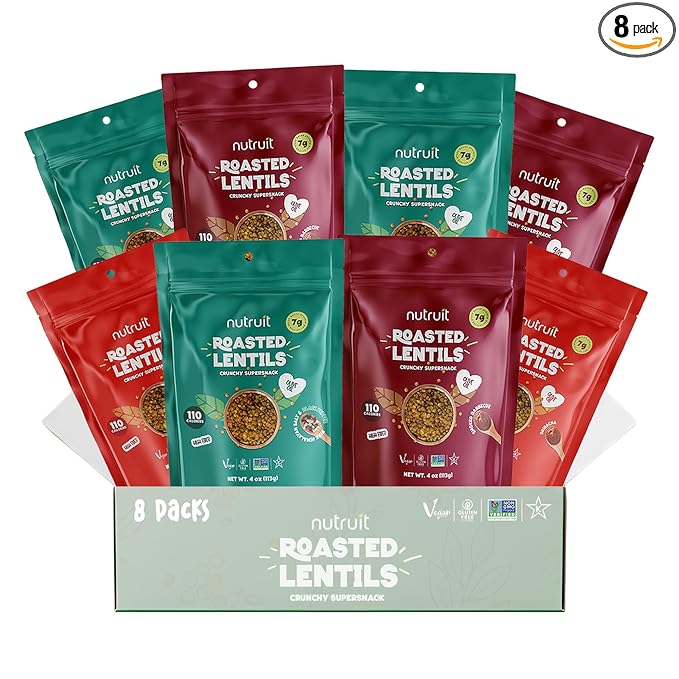 Nutruit Roasted Lentil Snacks - Tasty Snack Box with Vegan, Gluten Free, Non-GMO, High Protein, Low Calorie, Healthy On-The-Go Low Calorie Lentils Snacks - 4oz Packs (8-Pack Box) (8 Pack, Variety Box)