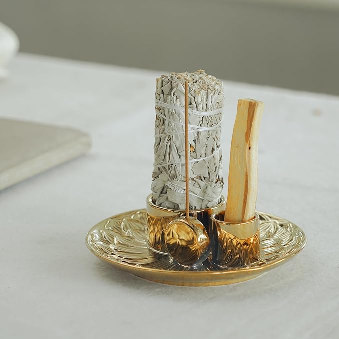 4 in 1 Incense Holder, Ceramic Incense Stick and Palo Santo Holder,Sage Holder for Burning- 5.5" Ceramic Ash Catcher Tray for Meditation and Yoga Room (Golden)