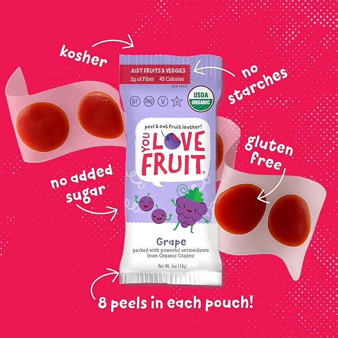 YOU LOVE FRUIT - Fruit Snacks Variety Pack 30 count, 100% Natural Gluten-Free, Vegan, Low Carb, Low Fat Fruit Kosher Snacks for Kids, College Students, Teachers and Offices, Healthy Fruit Snacks (Strawberry, Grape, Mango)