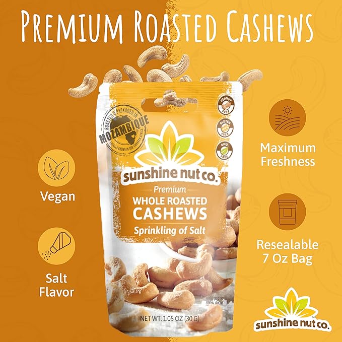 Sunshine Nut Company Whole Roasted Lightly Salted Cashews, Sprinkling of Salt Flavor, 2 Pack, 7 oz. Each, Gluten Free, Peanut Free and Vegan Individual Snack Packs for Kids and Adults, GMO Free