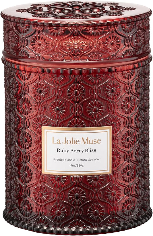 LA JOLIE MUSE Ruby Berry Bliss Scented Candle – Mandarin, Cranberry & Plum | 19 oz Festive Fall Candle | Wooden Wick | Clean Burn & Vibrant Scent | Fun Gift for Hosts & Fall Tablescapes