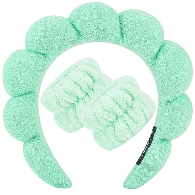 Zkptops Spa Headband for Washing Face Wristband Set Sponge Makeup Skincare Headband Wrist Towels Bubble Soft Hairband for Women Puffy Headwear Winter Non Slip Thick Thin Hair Accessory(Light Green-3)