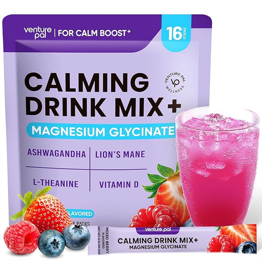 Venture Pal Calming Powdered Drink Mix, Magnesium Glycinate, Ashwagandha, L-Theanine,Vitamin D, Lions Mane, Sugar Free Magnesium Supplement Blend for Relax & Focus, Non GMO, Vegan, On The Go