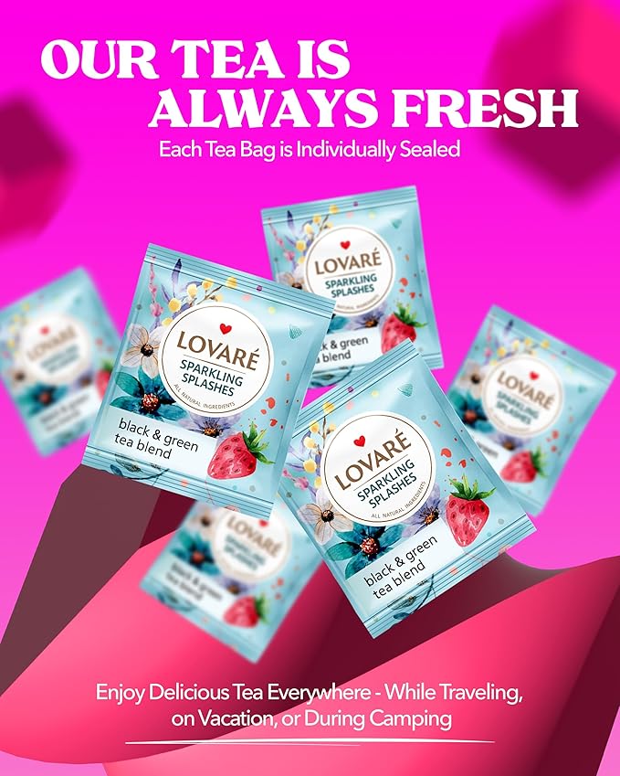 LOVARE Sparkling Splashes Tea Bags 64 g - Made in Ukraine - Classic Black and Sencha Green Flavored Tea Blend - Tea Bags Individually Wrapped - Gift Box Sets for Tea Lovers (32 Tea Bags x 2 g Each)