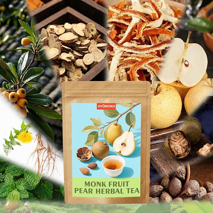 20 Bags Monk Fruit Pear Tea, Caffeine-Free Natural Ingredients Herbal Tea Bags, Supports Lung Cleanse, No Additives, Daily Enjoyment Tea for Women