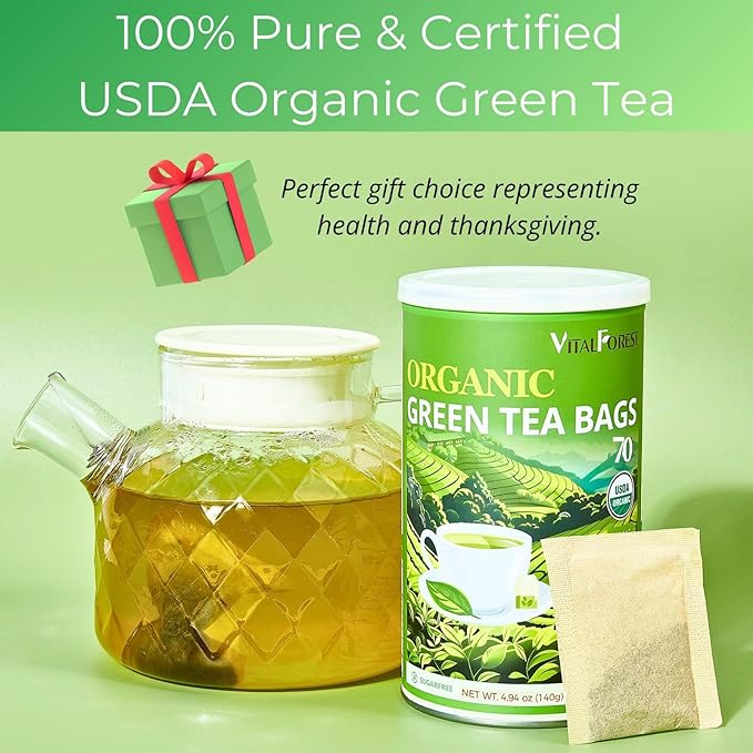 Organic Green Tea Bags| 70 Count VitalForest Unbleached ECO-Conscious Chinese Green Tea Packets| Te Verde Organico Natural Premium Real China Herbal Tea