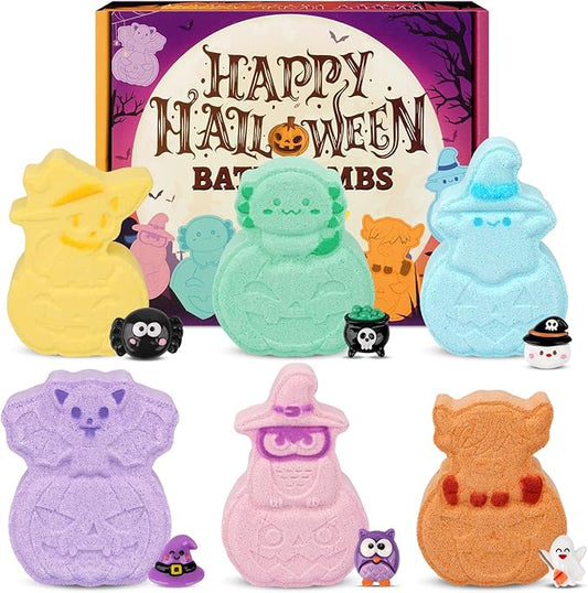 Halloween Bath Bombs for Kids,6 Pack Animals Shapes Pumpkin Bath Bombs with Toys Inside,Basket Stuffers and Hallowen Party Favors for Kids, Boys & Girls
