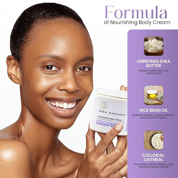 Shea Radiance Nourishing Body Cream with Colloidal Oatmeal | Hydrating Moisturizer for Sensitive Skin | Gentle Hydration with Long Lasting Moisture | Lavender Bliss 8 oz