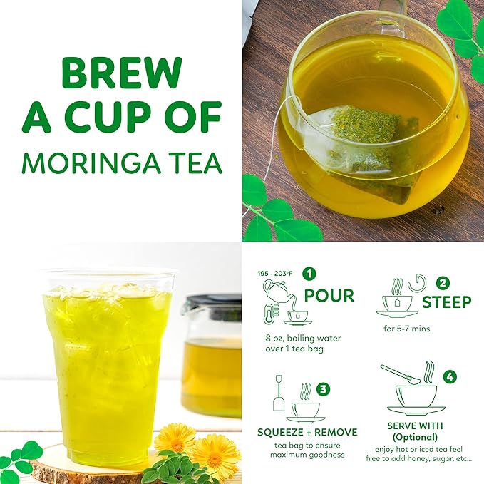 Indochine Blends Moringa Tea Bags | Moringa Leaf, Red Rice, Chrysanthemum & Stevia | Sugar-Free, Caffeine-Free Herbal Tea | Double Chamber, Individually Wrapped Bag | 3.5 oz | 50 Tea Bags
