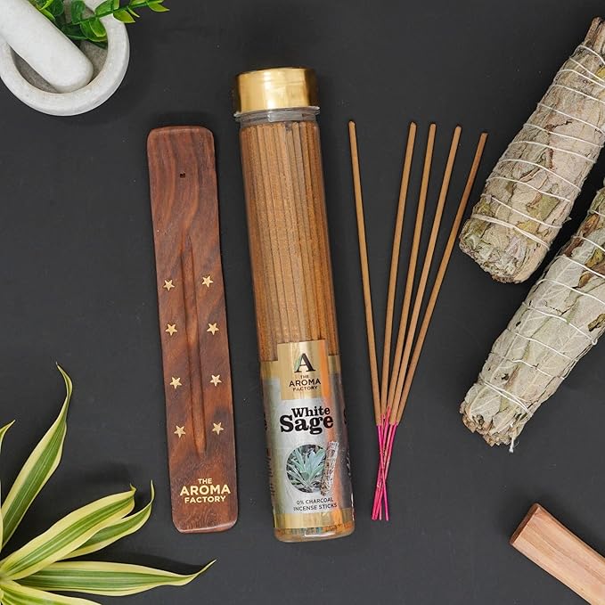 The Aroma Factory White Sage Charcoal Free Incense Stick, Scented Agarbatti, 100% Herbal Premium Aromatherapy, Meditation Prayer Relaxation, Crafted for Luxury Seekers (100g)