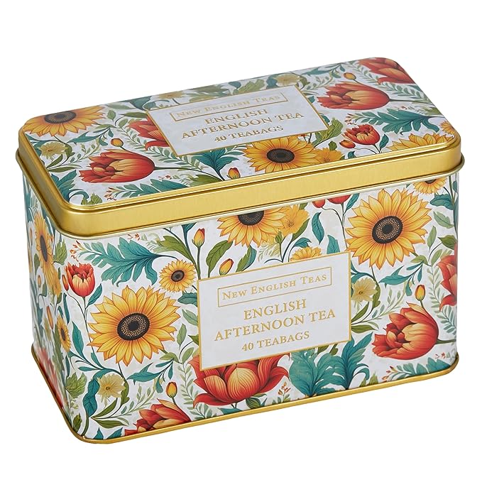 New English Teas Victorian Sunflower Tea Tin with 40 English Afternoon Teabags, Inspired by Embroidery & Textile Styles