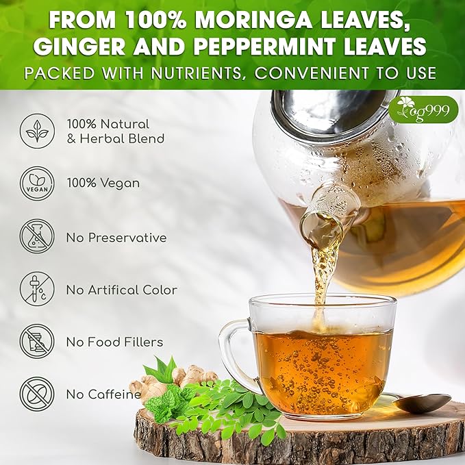 TOG999, Premium Moringa Ginger Peppermint Herbal Tea ā 60 Tea Bags ā Caffeine-Free, Plant-Based, Non-GMO, Naturally Refreshing Flavor, No Artificial Additives, No Sugar, No Gluten. Vegan