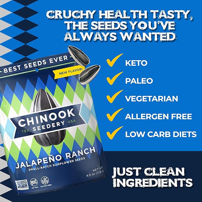 Chinook Seedery Roasted Sunflower Seeds - Jumbo Seeds Keto Snacks - Best For Snack Packs - Gluten Free, Non GMO Snack Food Gifts - 4 Ounce (Pack of 3) - Jalapeno Ranch Flavor Pack