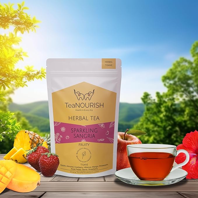 TeaNOURISH Sparkling Sangria | CAFFEINE-FREE Herbal Tea | Refreshing and Fruity | 100% Natural Apple, Strawberry, Mango, Pineapple, Hibiscus | Brew Hot or Iced Tea - 3.53oz/100g