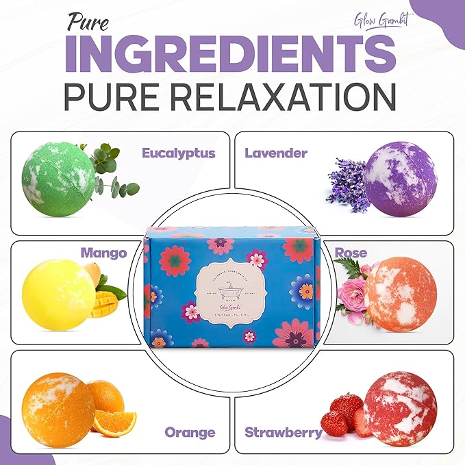 Bath Bombs Gift Set, 6 Large Natural Handmade Fruity & Floral Scent Bubble Bath Bombs for Women, Men, Kids, with Shea Cocoa Butter, Sea Salt, Eucalyptus - Perfect for Spa Gifts idea for Her/Him