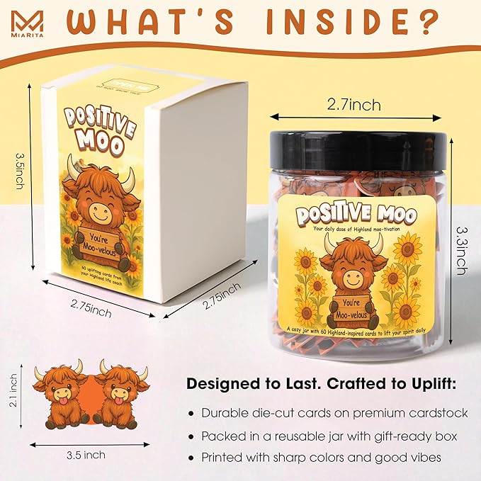 Positive Highland Cow Jar – 60 Affirmation Cards For Women, Girls - Mental Health & Stress Relief Support Gift, Highland Cow Gifts For Women, Coworker, Teen Girl Gift Trendy Stuff, White Elephant Gifts