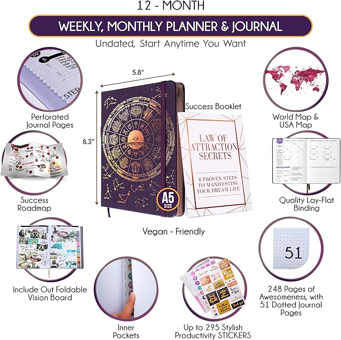 Life Planner - Undated Weekly & Monthly Planner, 12-Month Journey to Increase Productivity | Gratitude Journal, Life Organizer & Goal Journal | Include Foldable Vision Board, Habit Tracker & Stickers