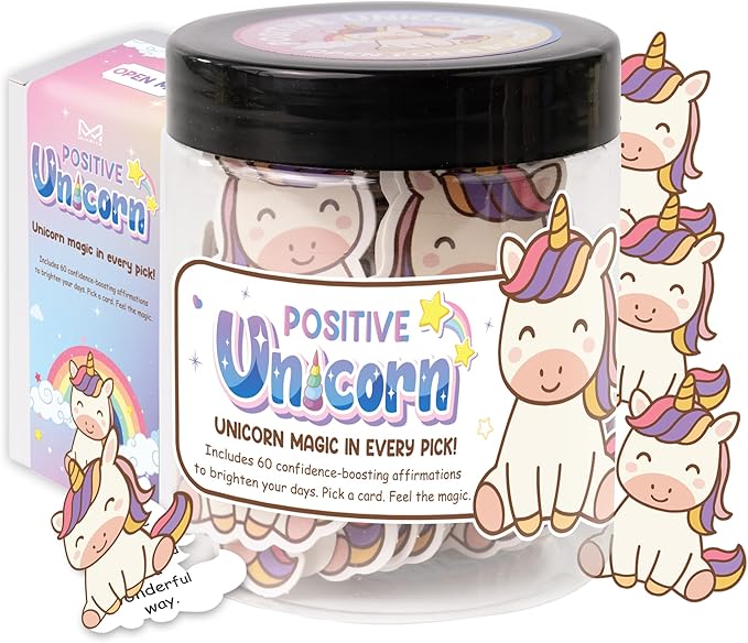 Positive Unicorn Jar, Emotional Supports Unicorns 60 Affirmation Cards, Back to School Gifts for Girls Teacher, Birthday Gift for Women Teen Girls, Friends Daughter Mom Wife, Unicorn Desk Decor