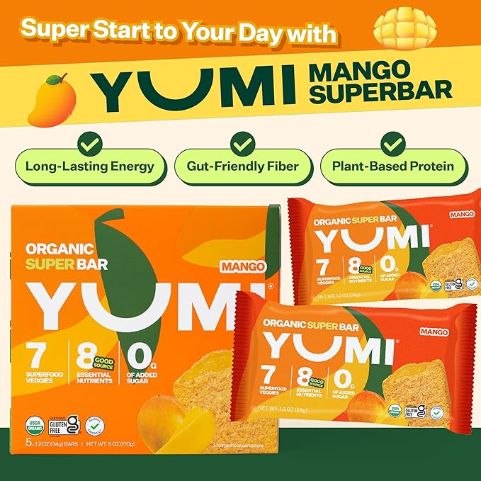 YUMI Organic Breakfast Superbar, Gluten-Free, No Added Sugar, 7+ Vegetables, Soft-Baked Crust, Healthy Snack Bars for Kids, School Safe, Healthy Alternative to Granola Bars or Cereal Bars, Mango (30ct)