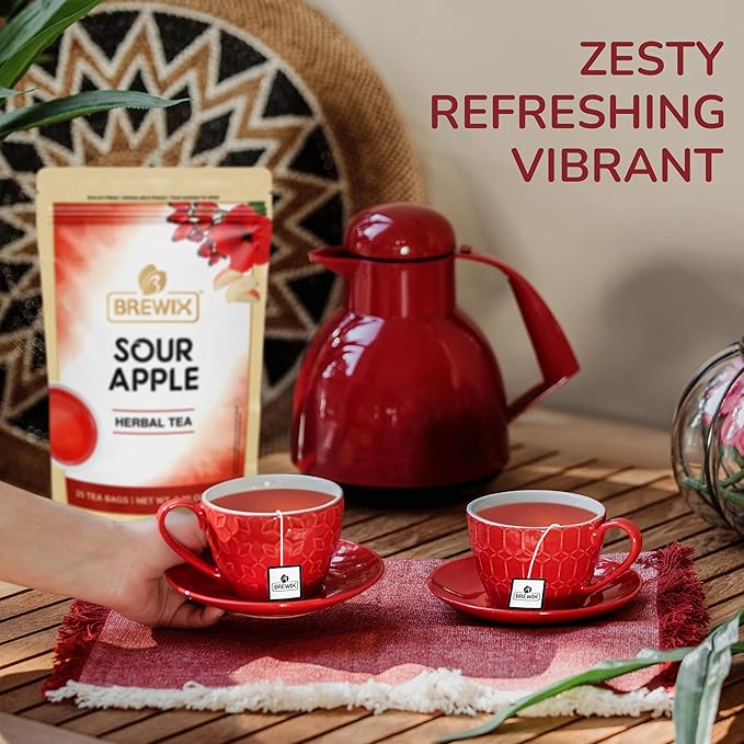 BREWIX, Sour Apple Hibiscus Tea Bags (25 Pyramid Tea Bags) Caffeine-Free Herbal Tea | Apple, Hibiscus, Rosehip | Refreshing Wellness Brew for Any Mood | Hot or Iced Refreshment