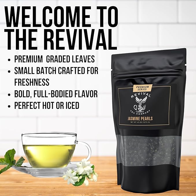 Revival Tea Company Jasmine Tea Pearls - Hand-Rolled Green Tea Scented with Jasmine Flowers - 4.5 Ounces