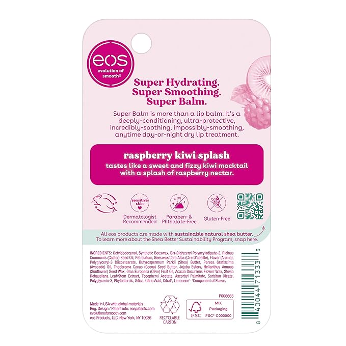 eos 24H Moisture Super Balm - Raspberry Kiwi Splash, Day or Night Lip Treatment, Made for Sensitive Skin, Lip Balms & Moisturizers, 0.35 fl oz