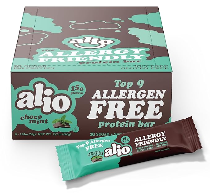 Alio Protein Bars - Choco Mint (12 Bars) – Free From The Top 9 Food Allergens, High Protein, Low-Calorie, Vegan, Gluten-Free, Nut-Free, Non-GMO, Plant-Based, Seed Oil Free, Delicious & Healthy Snack